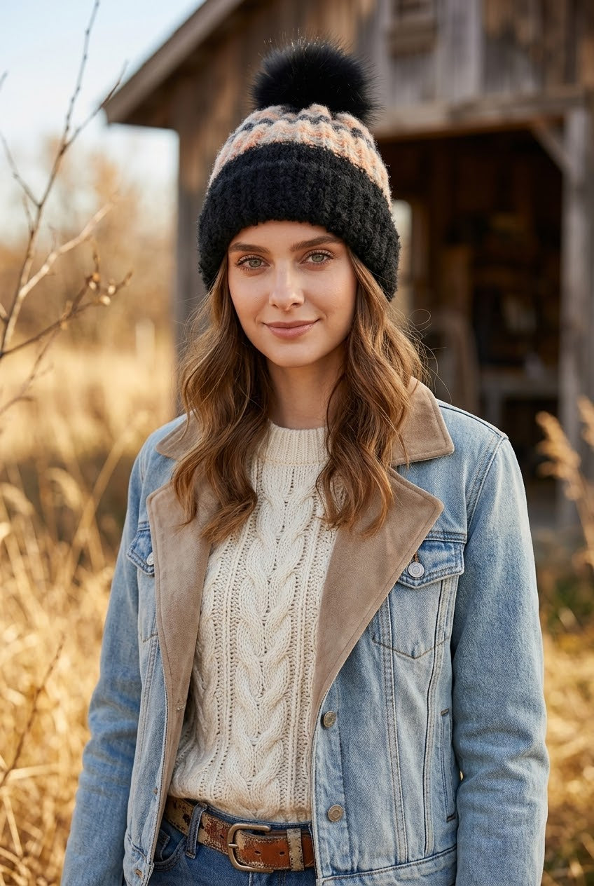 Women Color Mix Knit Beanie With Faux Fur Pom Pom Winter Hat - NeoKira Unlimited