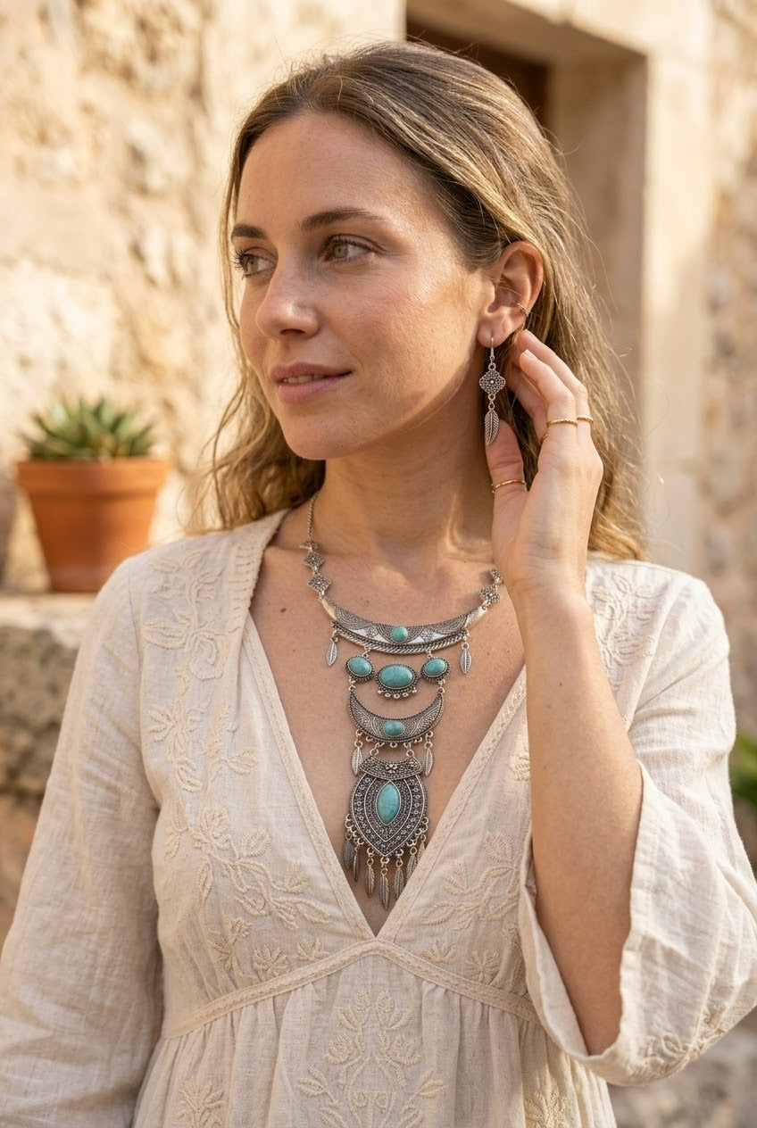 Boho Tribal Turquoise Pendant Necklace with Wing Earrings for Women - NeoKira Unlimited