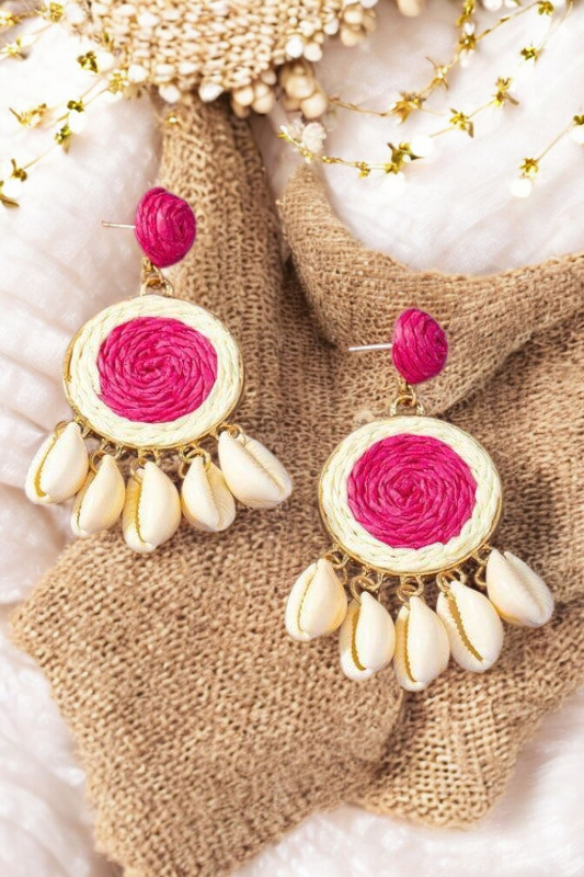 Boho Raffia Disk Earrings – Puka Shell Drop Coastal Statement Style - NeoKira Unlimited