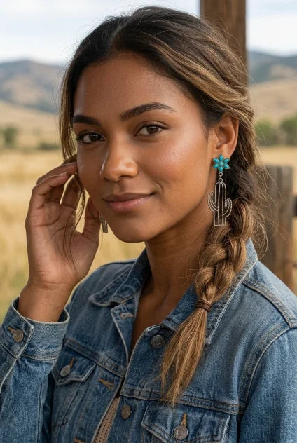 Boho Western Earrings – Turquoise Flower & Openwork Cactus - NeoKira Unlimited
