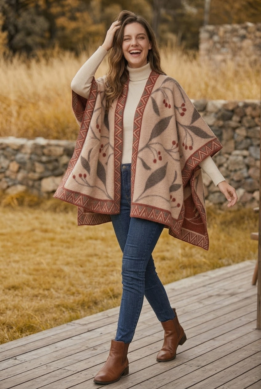 Women Vintage Jacquard Knit Poncho Shawl Cape - NeoKira Unlimited