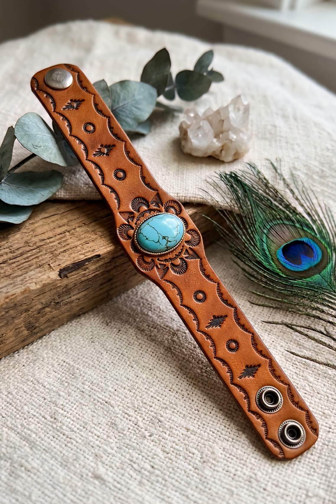 Boho Turquoise Stone Camel Leather Cuff Bracelet - NeoKira Unlimited