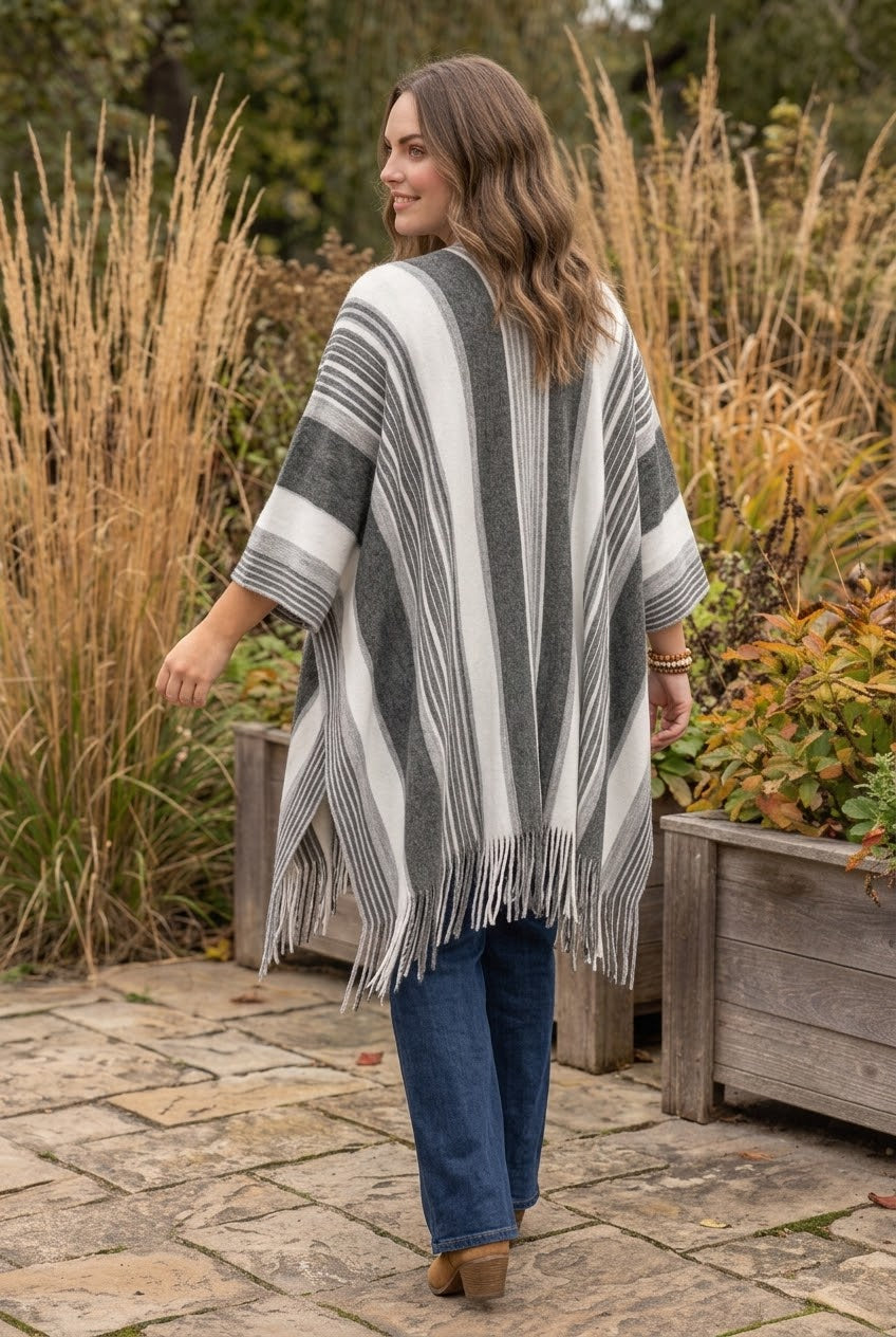 Boho Striped Frayed Edge Ruana - NeoKira Unlimited