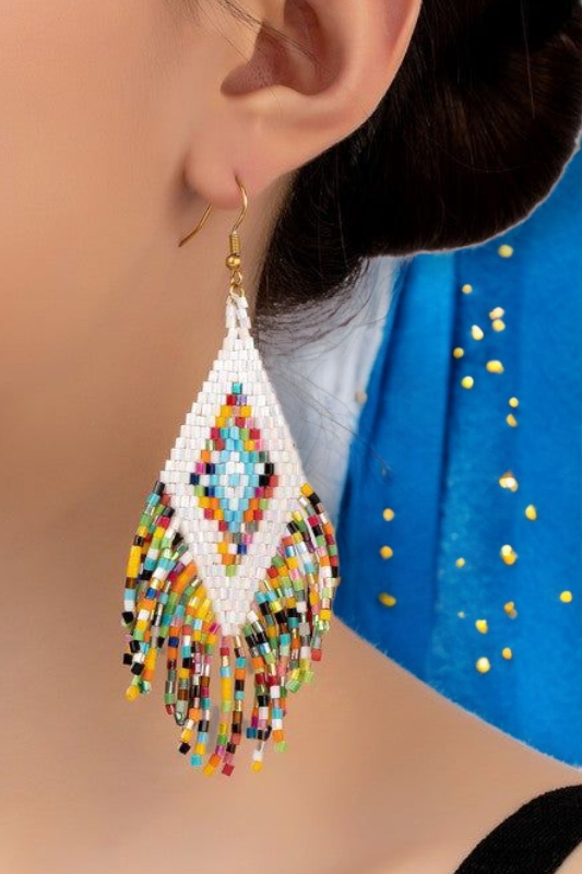 Boho Beaded Fringe Earrings – Colorful Diamond Pattern Drop Style - NeoKira Unlimited