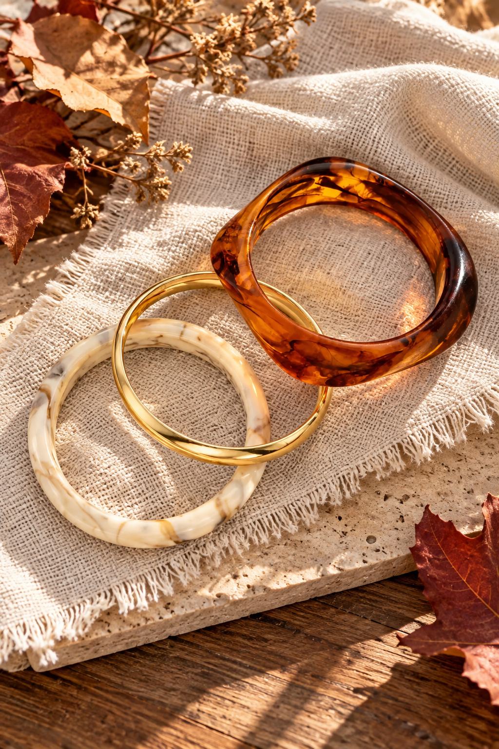 Vintage Resin Metal 3-Pcs Stackable Women Bangle Bracelet Set - NeoKira Unlimited