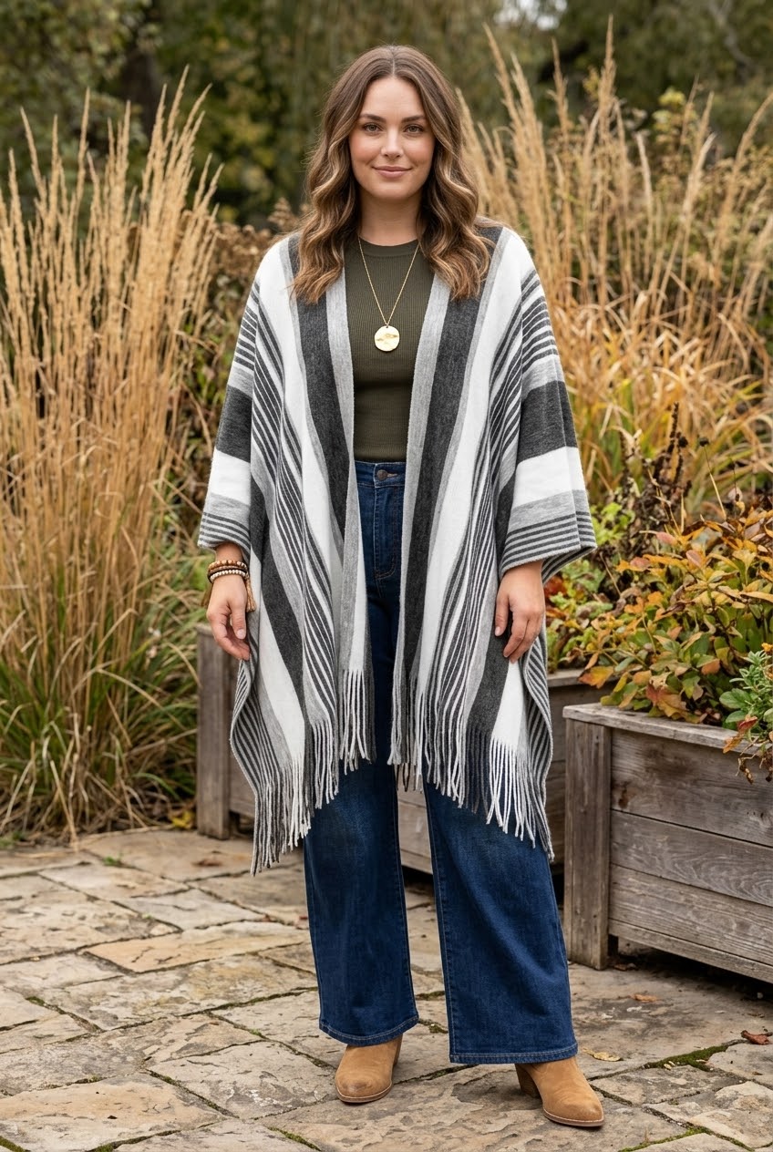 Boho Striped Frayed Edge Ruana - NeoKira Unlimited