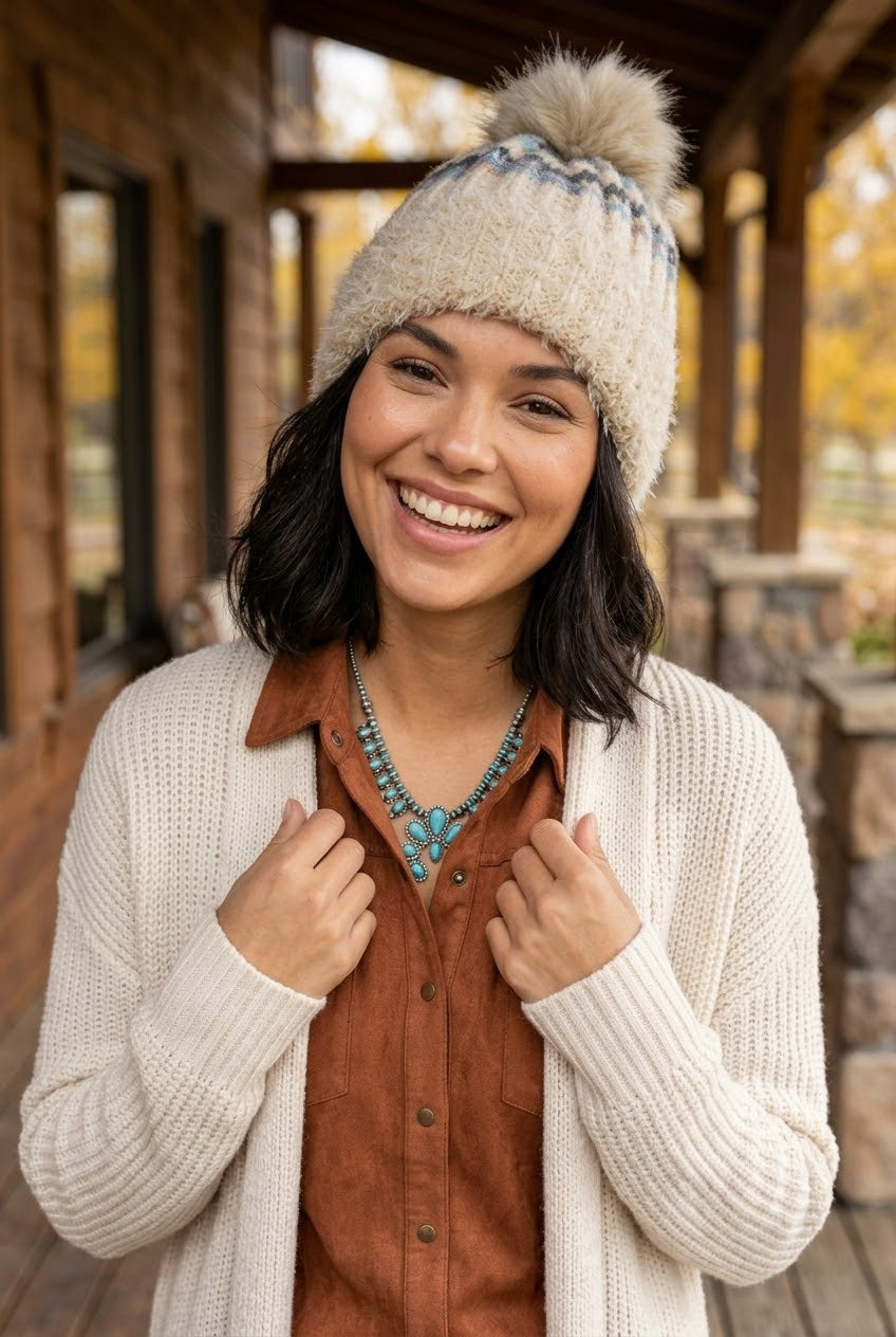 Women Color Mix Knit Beanie With Faux Fur Pom Pom Winter Hat - NeoKira Unlimited