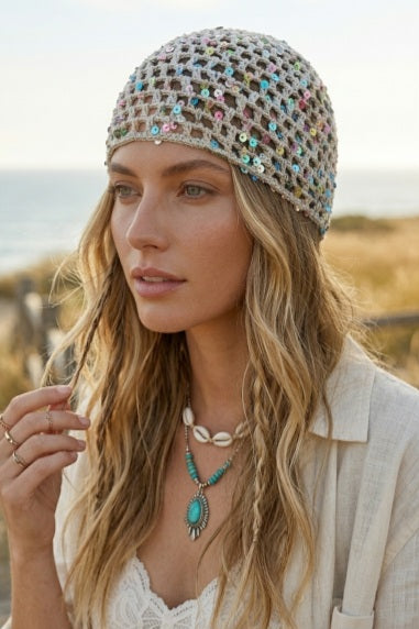 Boho Sparkle Sequin Crochet Mesh Beanie – Party Ready - NeoKira Unlimited