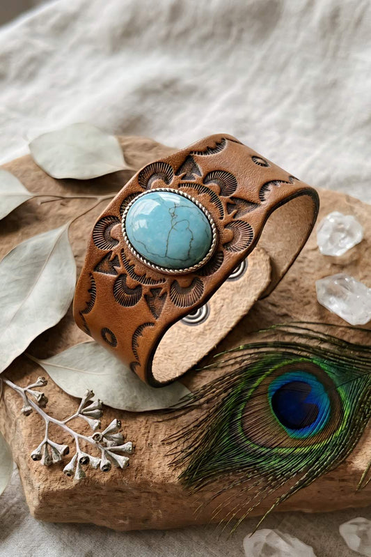 Boho Turquoise Stone Camel Leather Cuff Bracelet - NeoKira Unlimited