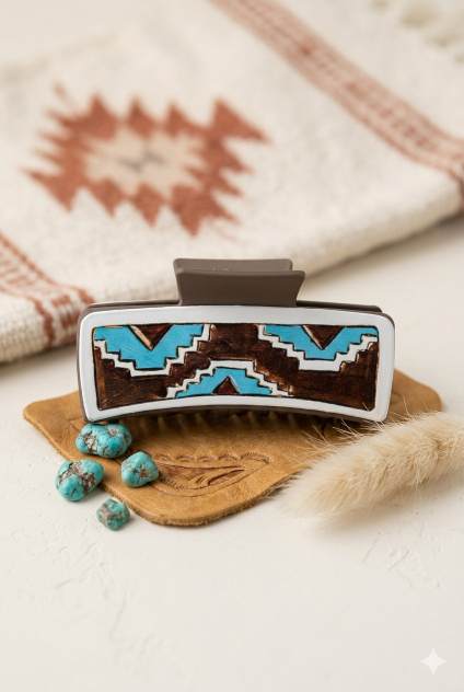 Geometric Pattern Hair Claw Clip – Stylish Blue & Brown Design - NeoKira Unlimited