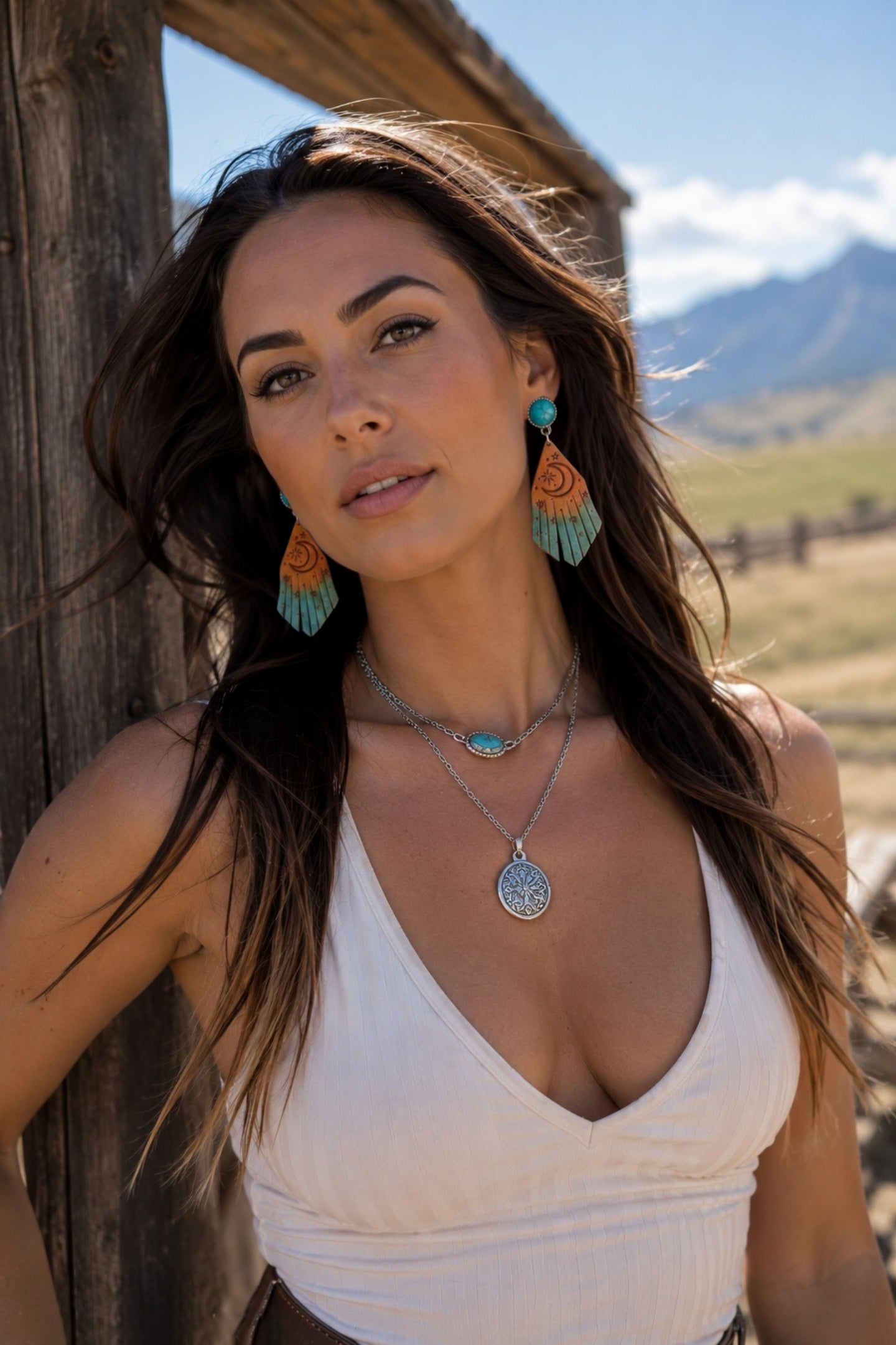 Western Moon Star Fringe Turquoise Genuine Leather Earrings - NeoKira Unlimited