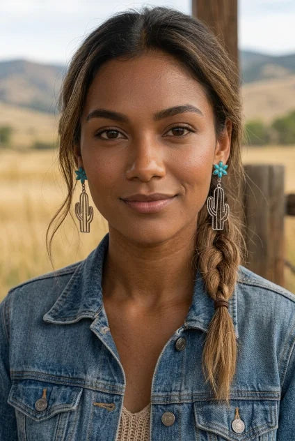 Boho Western Earrings – Turquoise Flower & Openwork Cactus - NeoKira Unlimited