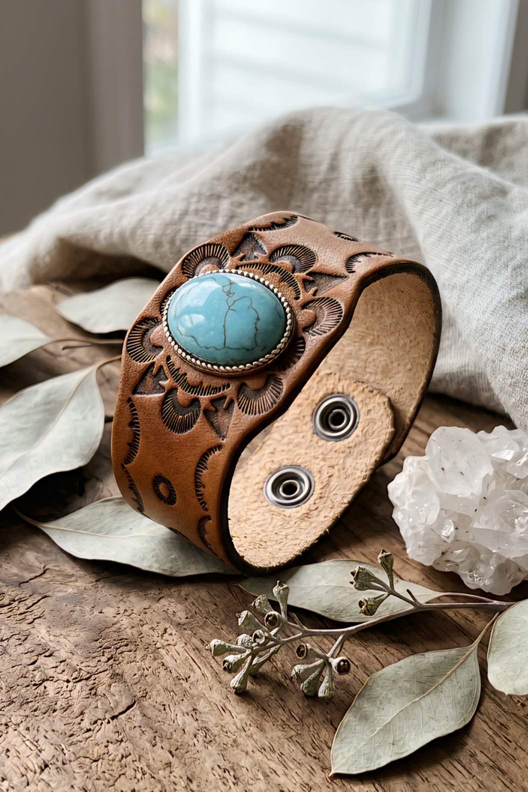 Boho Turquoise Stone Camel Leather Cuff Bracelet - NeoKira Unlimited