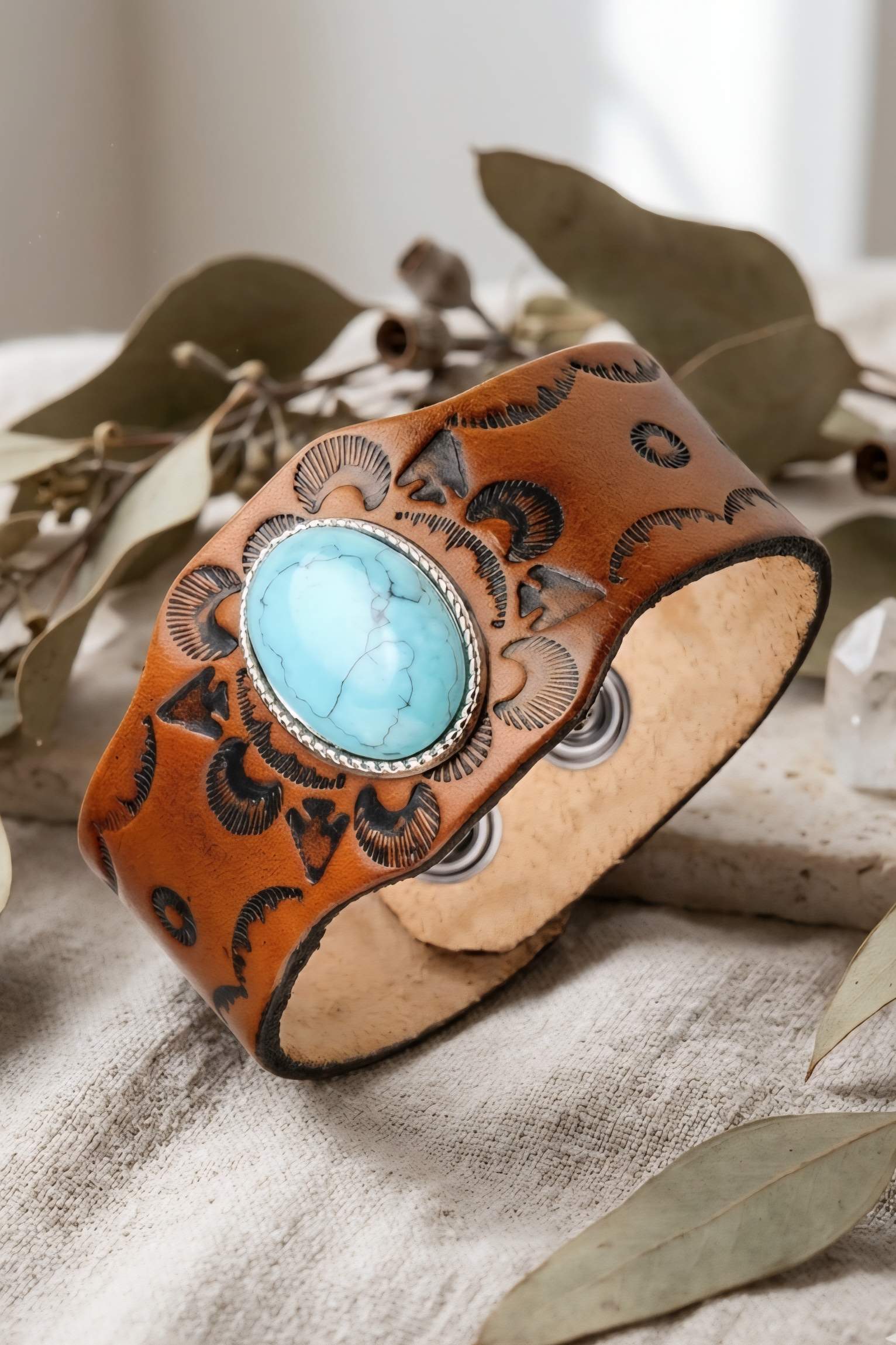Boho Turquoise Stone Camel Leather Cuff Bracelet - NeoKira Unlimited