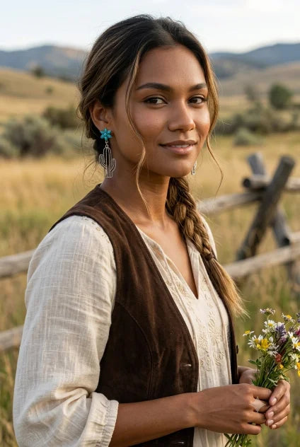 Boho Western Earrings – Turquoise Flower & Openwork Cactus - NeoKira Unlimited