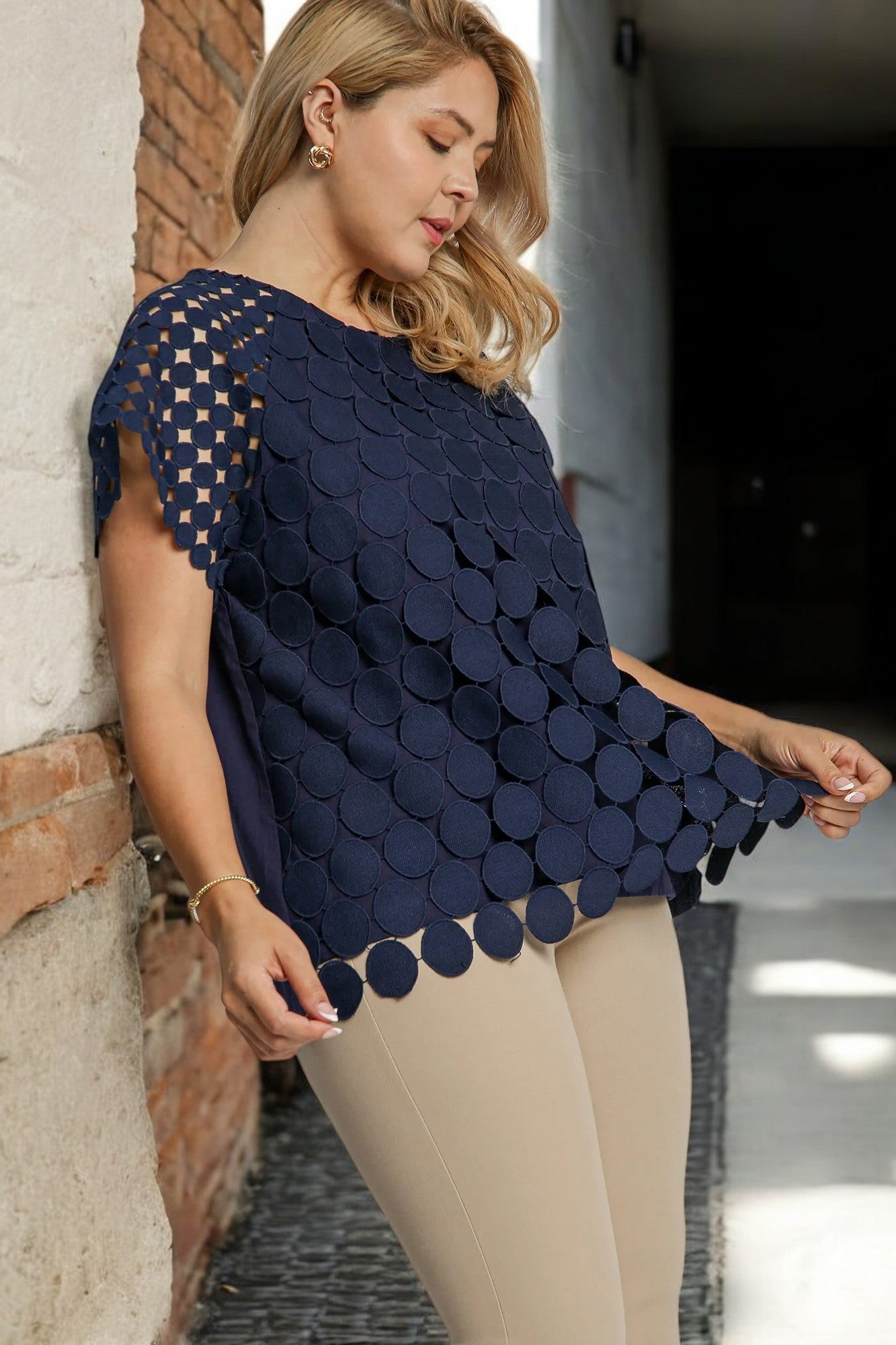 Umgee Full Size Mixed Polka Dot Lace Raglan Sleeve Boxy Cut Top Plus Size - NeoKira Unlimited