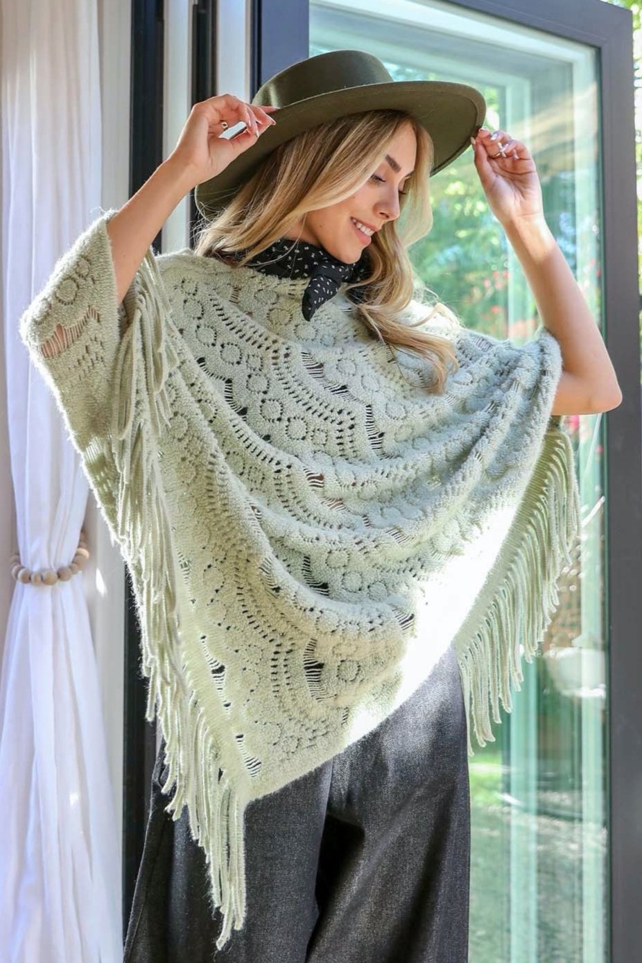 Scallop Lace Knit Poncho Ponchos Sage