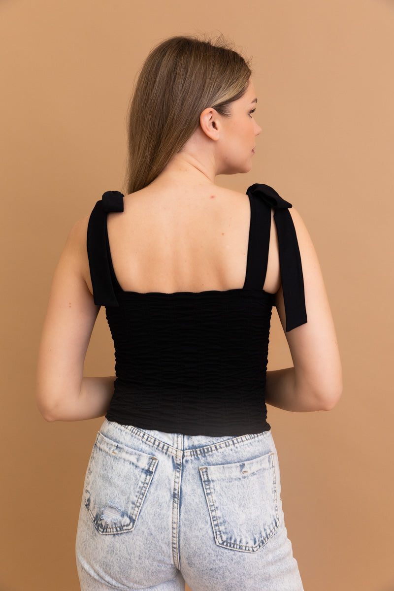 Seamless Vertical Smocked Tie Shoulder Top - NeoKira Unlimited
