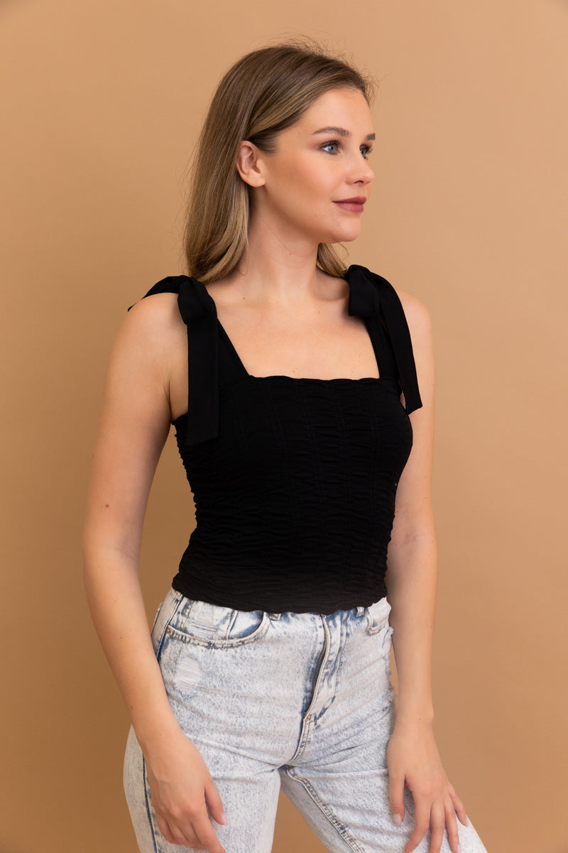 Seamless Vertical Smocked Tie Shoulder Top - NeoKira Unlimited