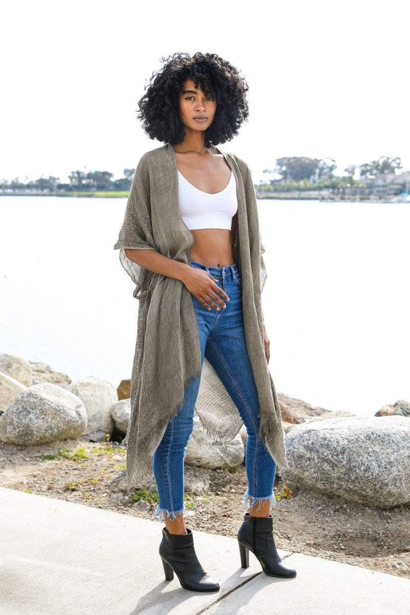 Sequin Border Frayed Kimono - NeoKira Unlimited