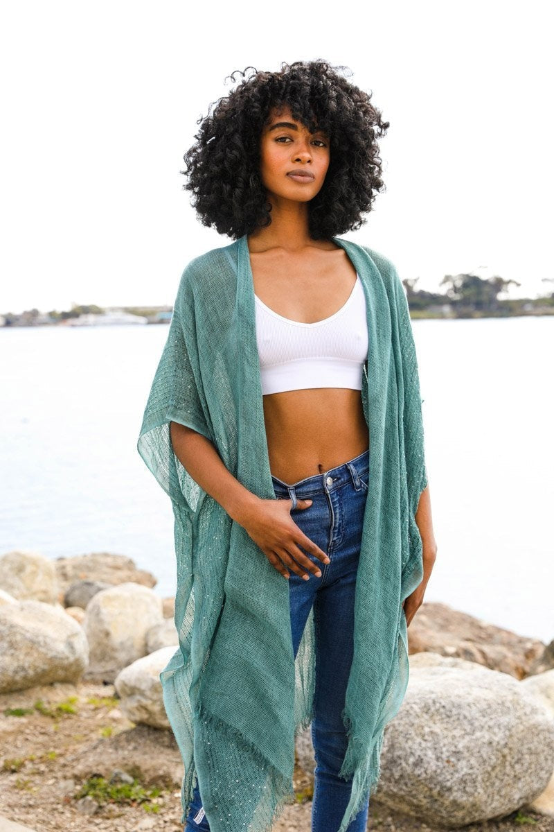 Sequin Border Frayed Kimono - NeoKira Unlimited