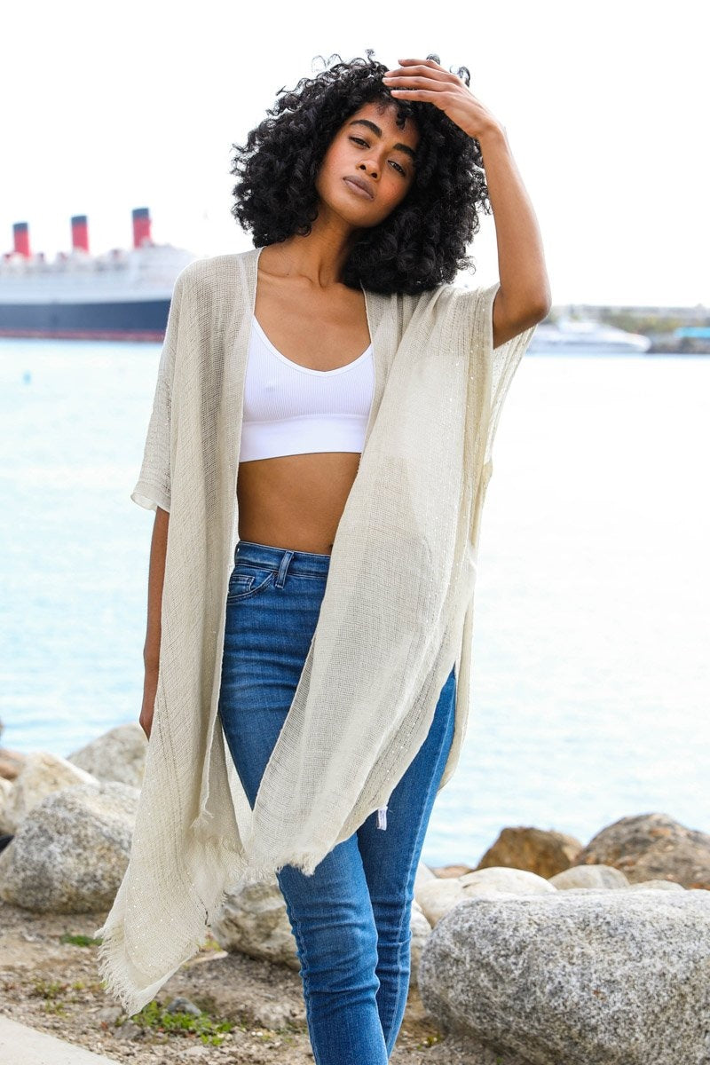 Sequin Border Frayed Kimono - NeoKira Unlimited