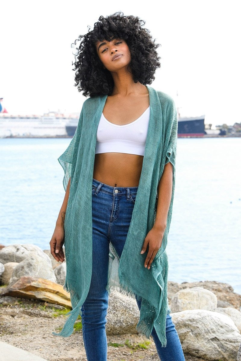 Sequin Border Frayed Kimono - NeoKira Unlimited