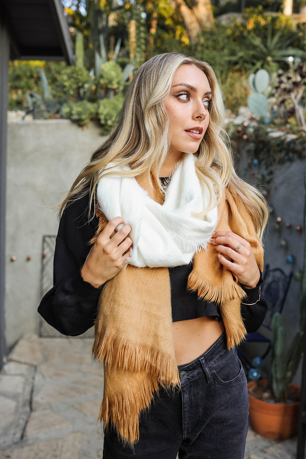 Silky Wool Ombre Scarf Scarves Leto Collection Camel  