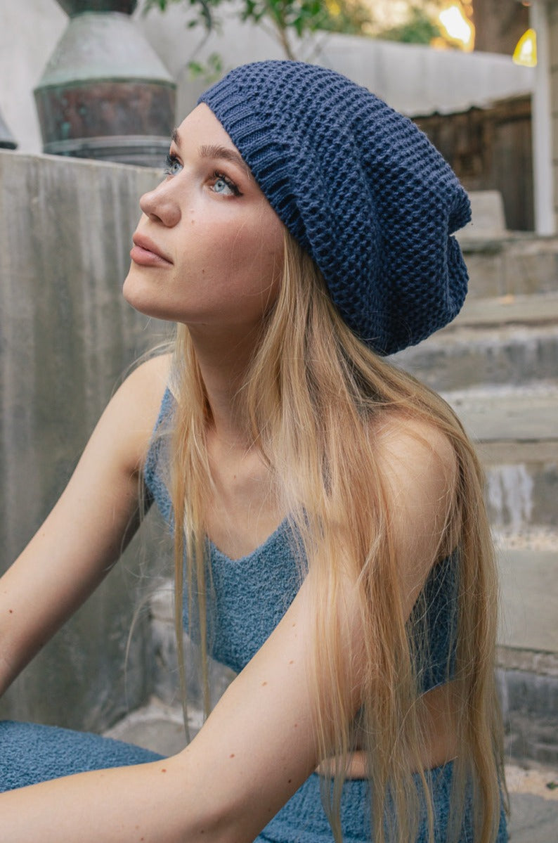 Slouch Waffle Knit Beanie Beanies Blue