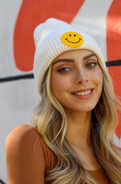 Smiley Face Ribbed Beanie 🙂 Beanies Leto Collection Ivory  