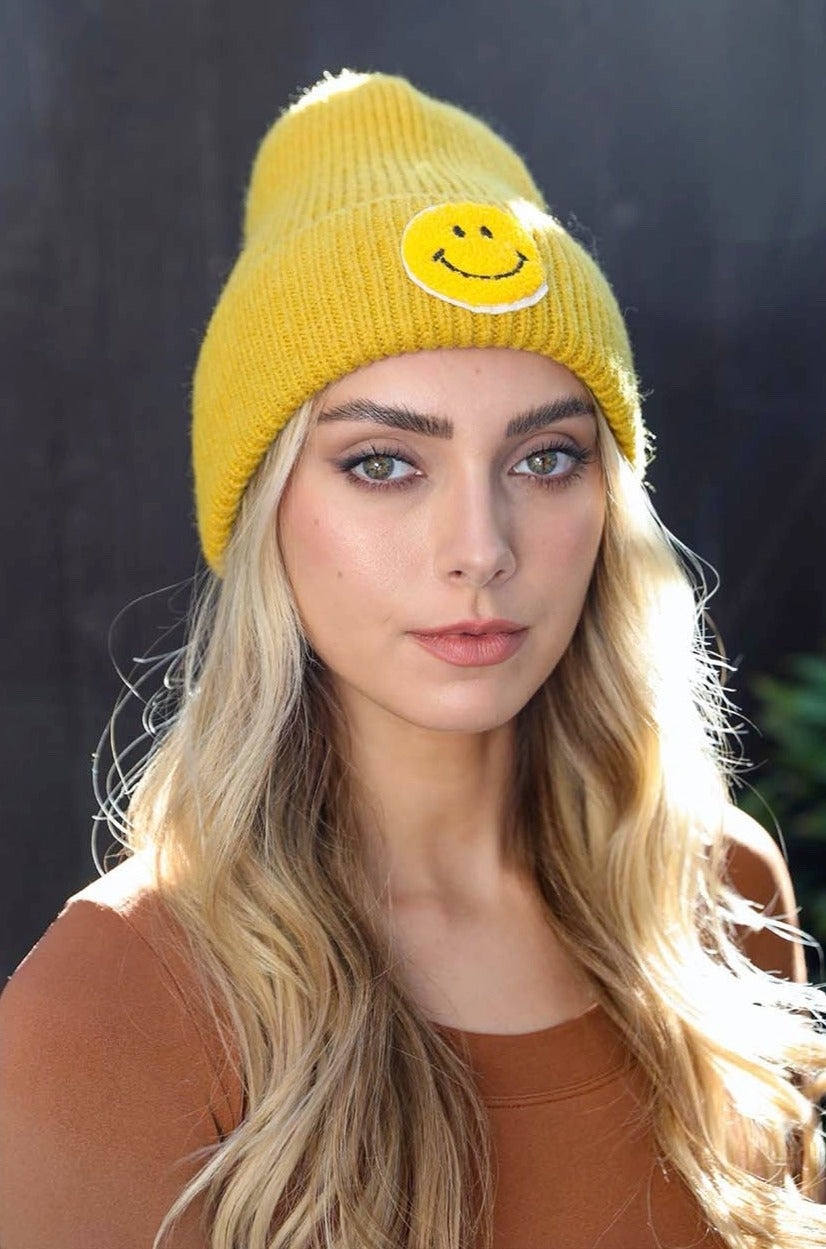 Smiley Face Ribbed Beanie 🙂 Beanies Leto Collection Mustard  