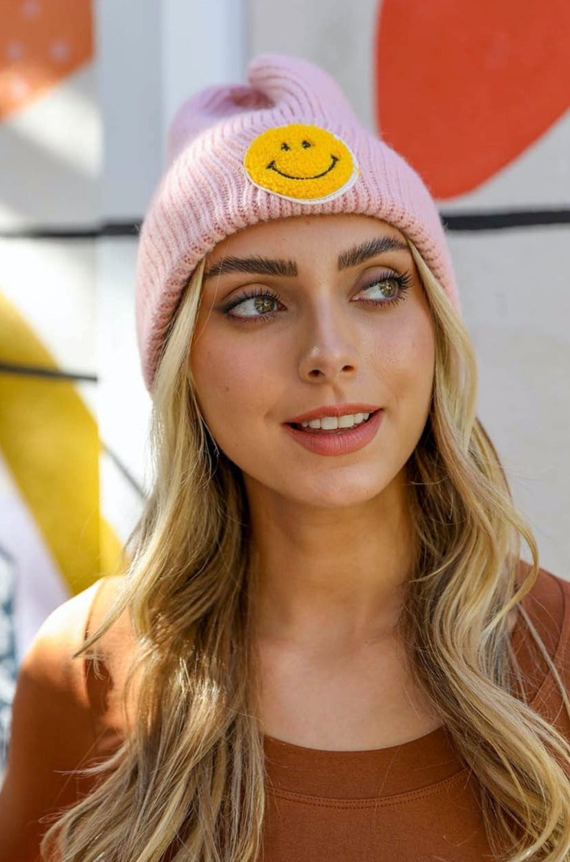 Smiley Face Ribbed Beanie 🙂 Beanies Leto Collection Pink  