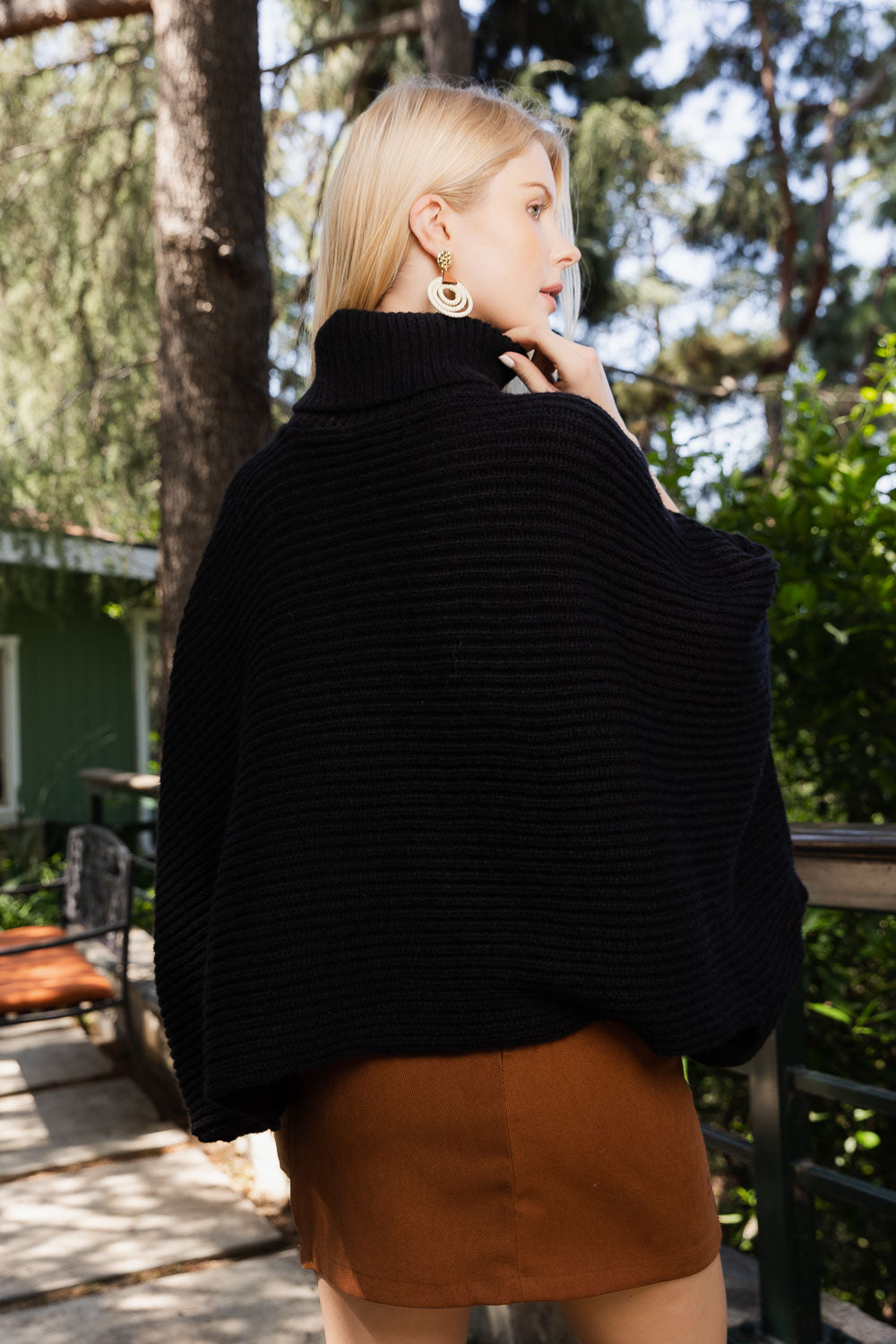 SnugStyle Turtleneck Ribbed Knit Poncho with Armholes Ponchos Leto Collection   