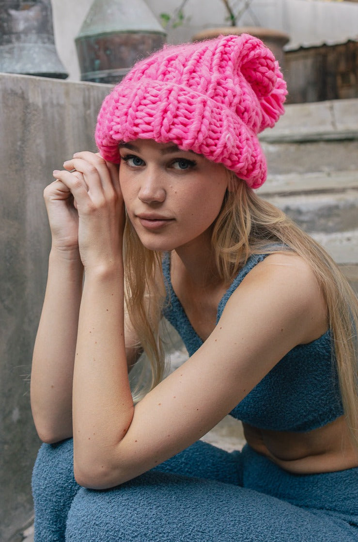 Soft Chunky Cable Knit Beanie Beanies Leto Collection Hot Pink  