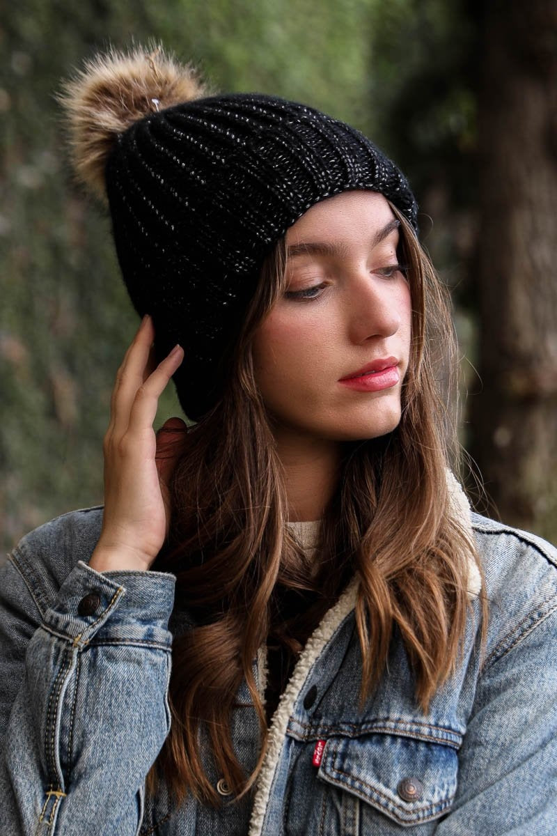 Soft Rib Knit Pom Beanie Beanies Leto Collection Black  