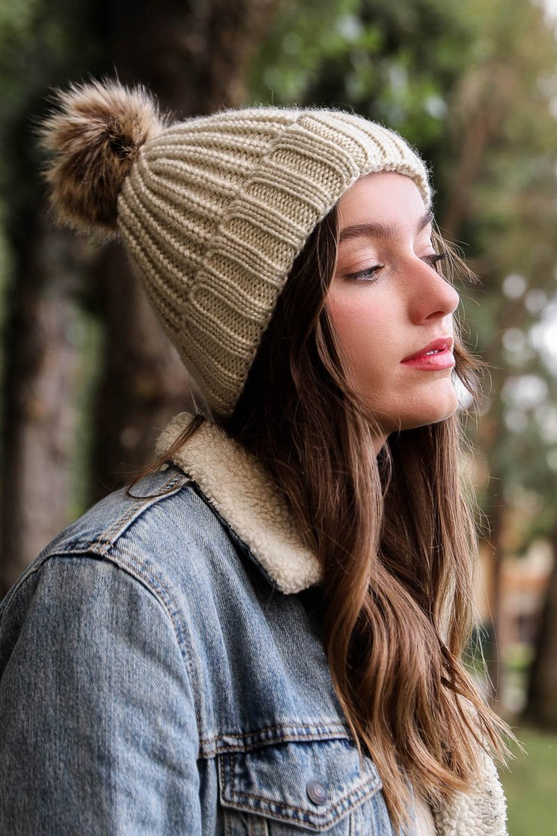 Soft Rib Knit Pom Beanie Beanies Leto Collection Ivory  