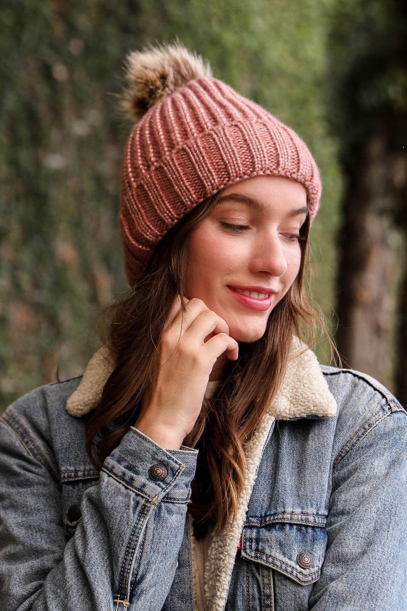 Soft Rib Knit Pom Beanie Beanies Leto Collection Pink  