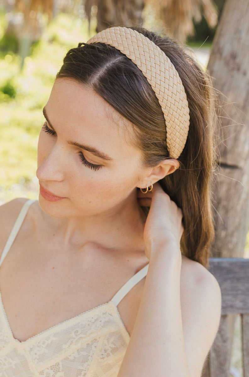 Solid Shade Woven Headband Headbands Leto Collection Beige  