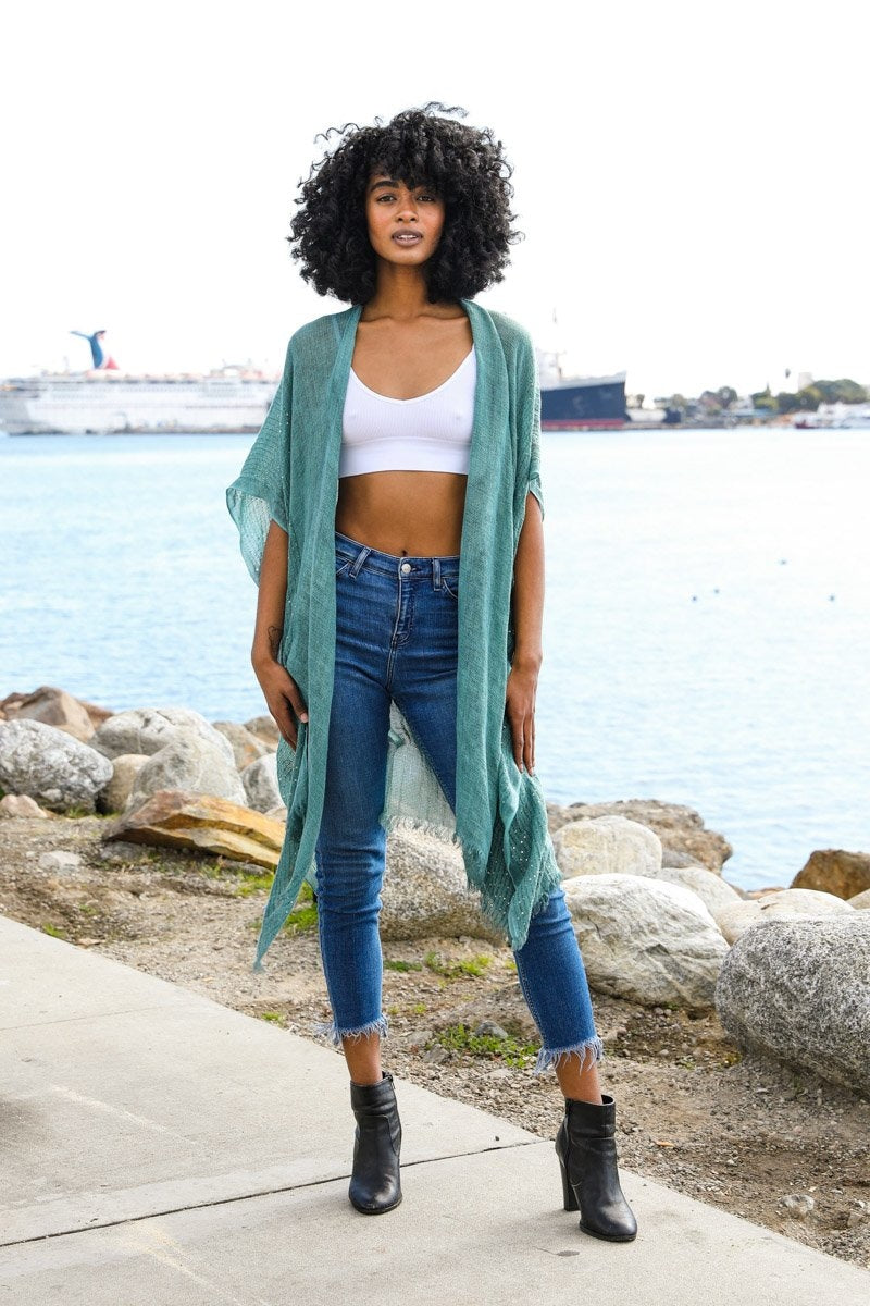 Sequin Border Frayed Kimono - NeoKira Unlimited