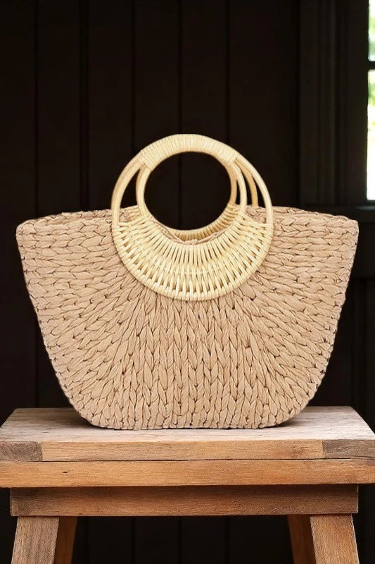 Bamboo Handle Braided Straw Tote Chic Summer Beach Market Bag - NeoKira Unlimited