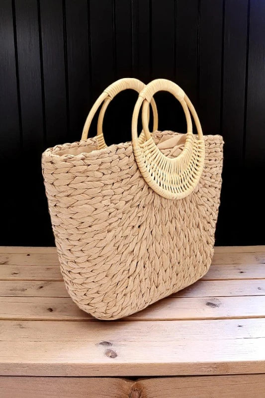 Bamboo Handle Braided Straw Tote Chic Summer Beach Market Bag - NeoKira Unlimited