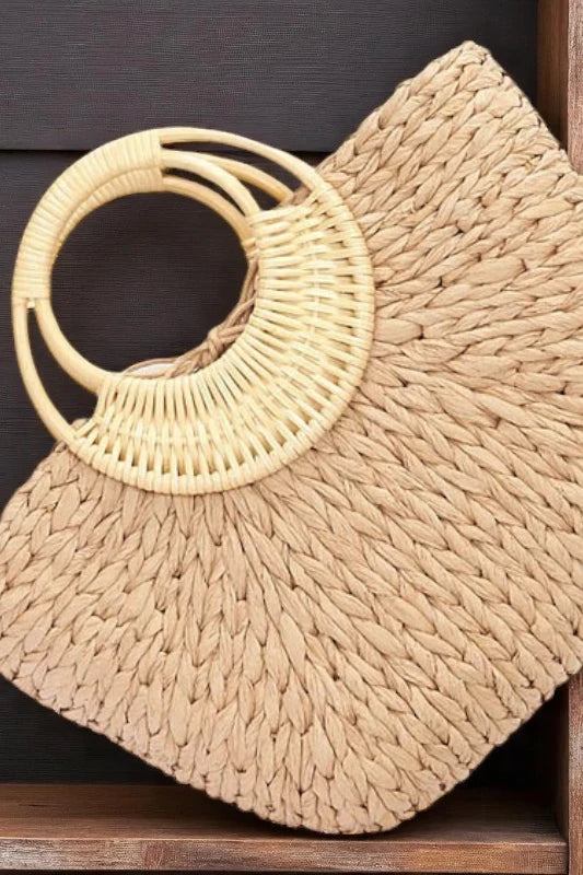 Bamboo Handle Braided Straw Tote Chic Summer Beach Market Bag - NeoKira Unlimited