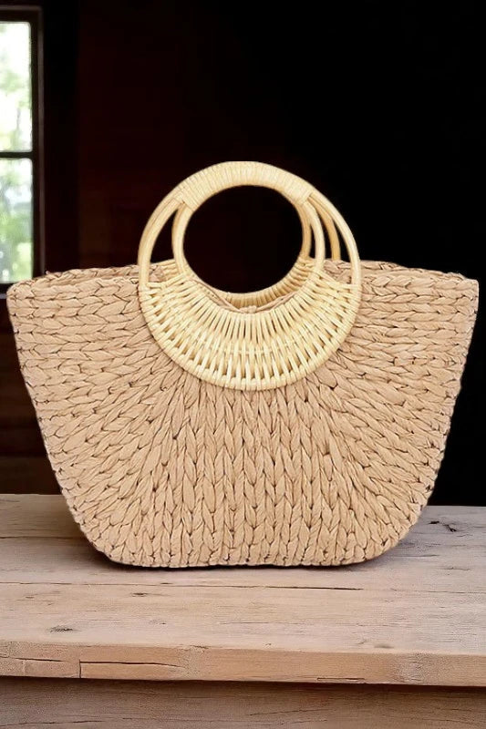Bamboo Handle Braided Straw Tote Chic Summer Beach Market Bag - NeoKira Unlimited