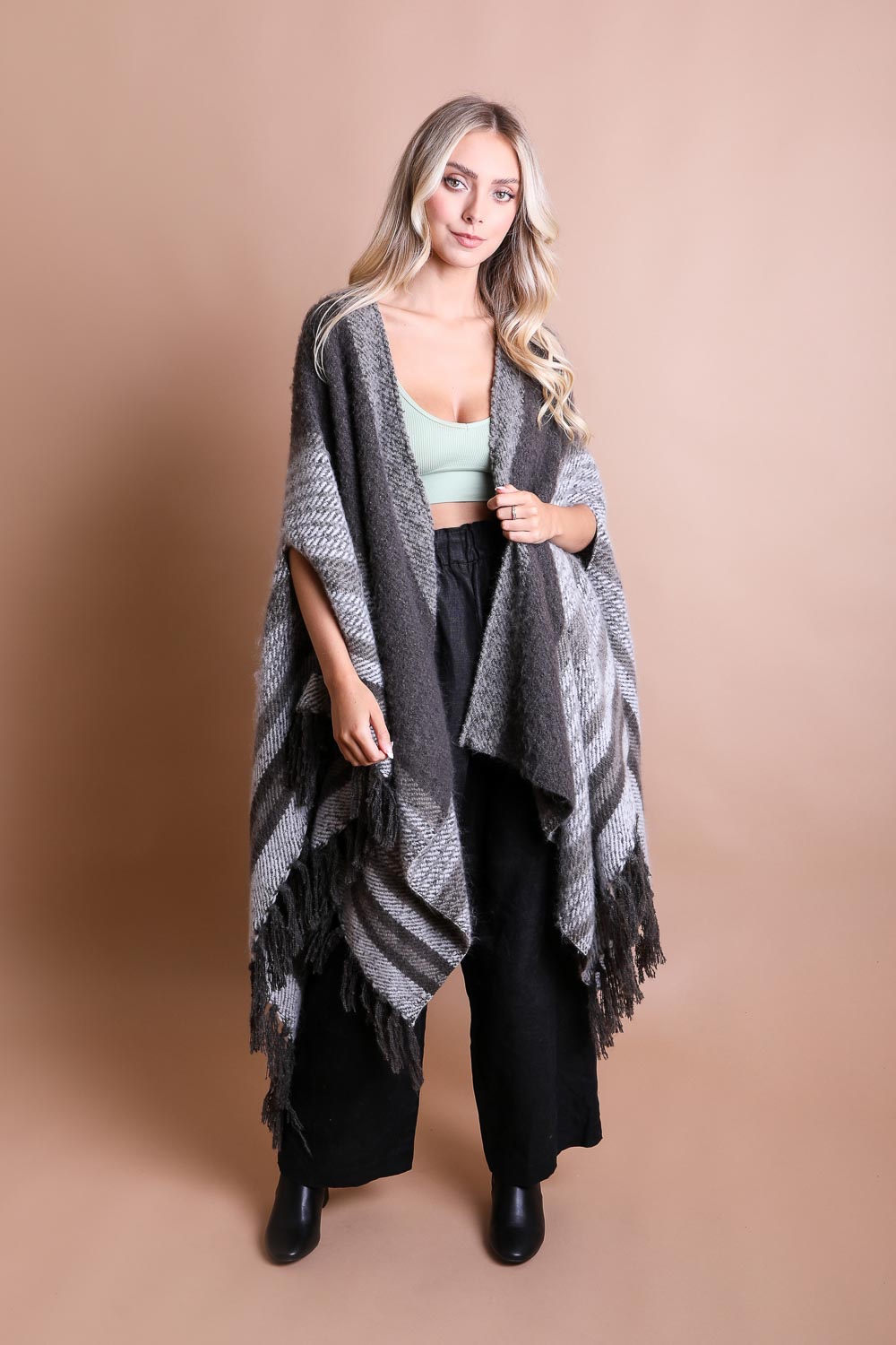 Stripe Bohemian Ruana Wrap Ponchos Leto Collection Charcoal  