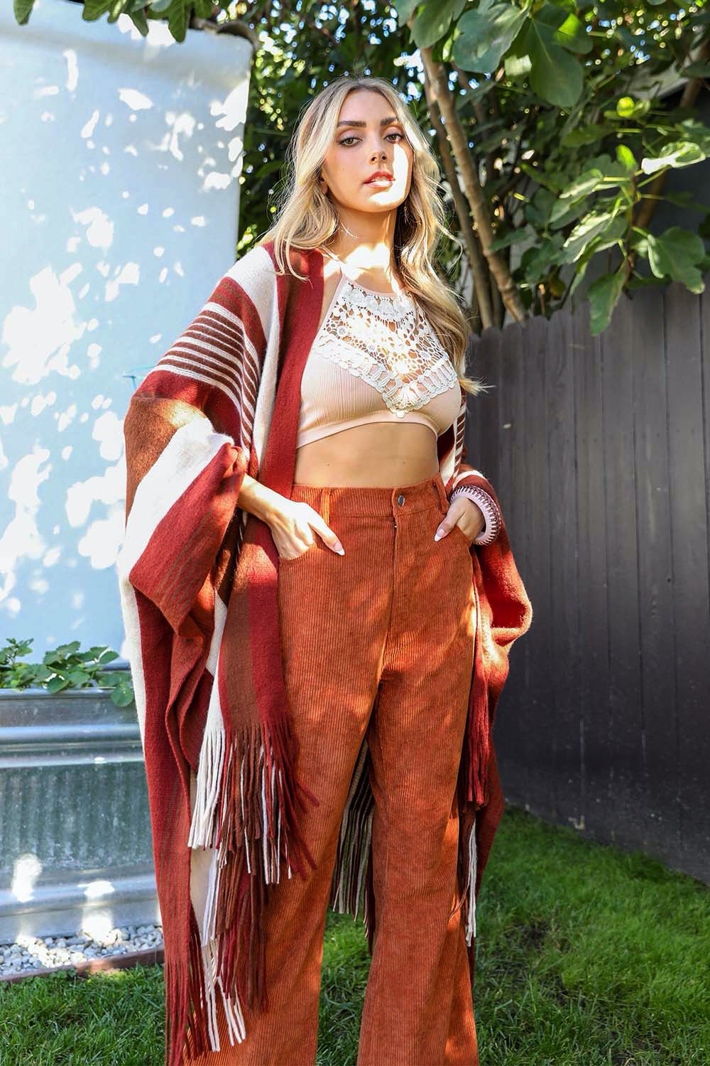 Striped Frayed Edge Ruana - NeoKira Unlimited