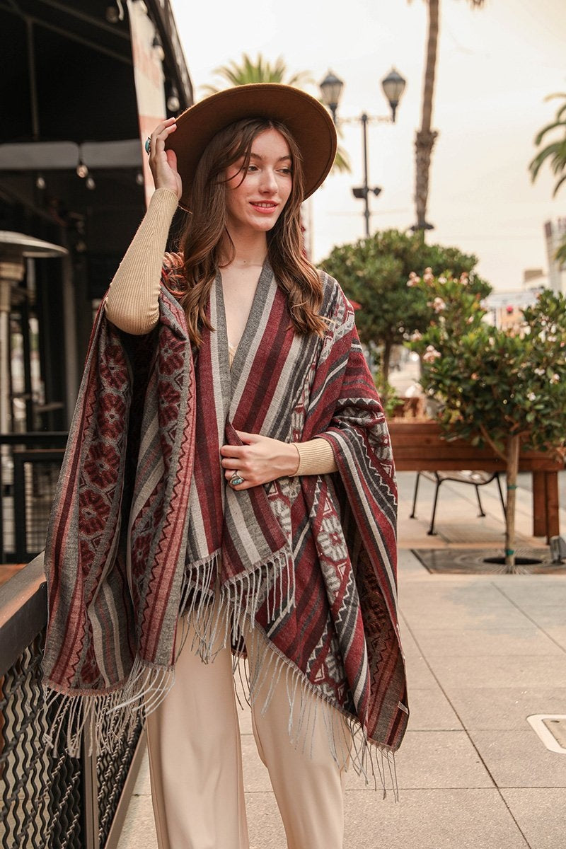 Striped Quatrefoil Flower Ruana Ponchos Leto Collection Burgundy  