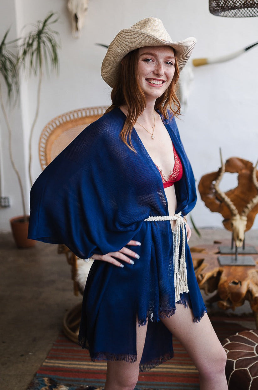Sun-kissed Breeze Frayed Trim Kimono - NeoKira Unlimited