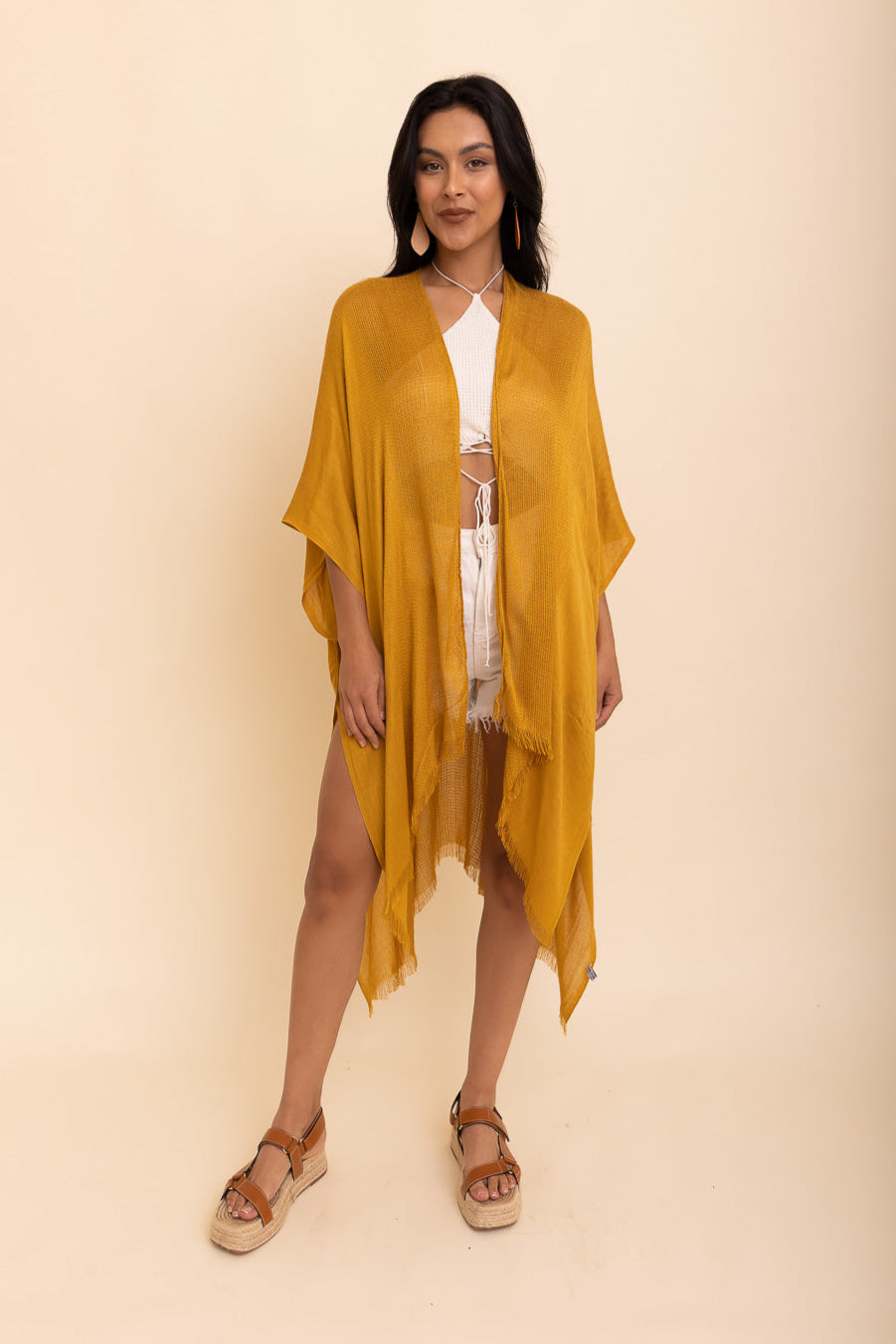 Sun-kissed Breeze Frayed Trim Kimono - NeoKira Unlimited