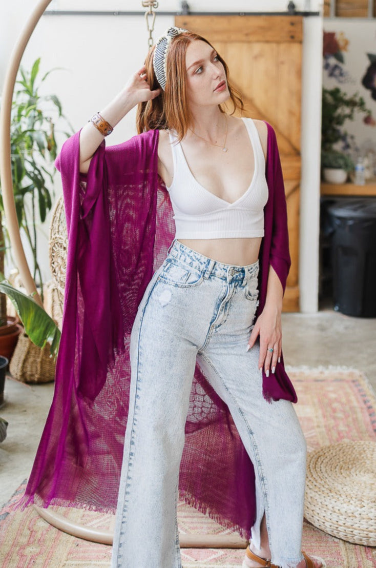 Sun-kissed Breeze Frayed Trim Kimono - NeoKira Unlimited