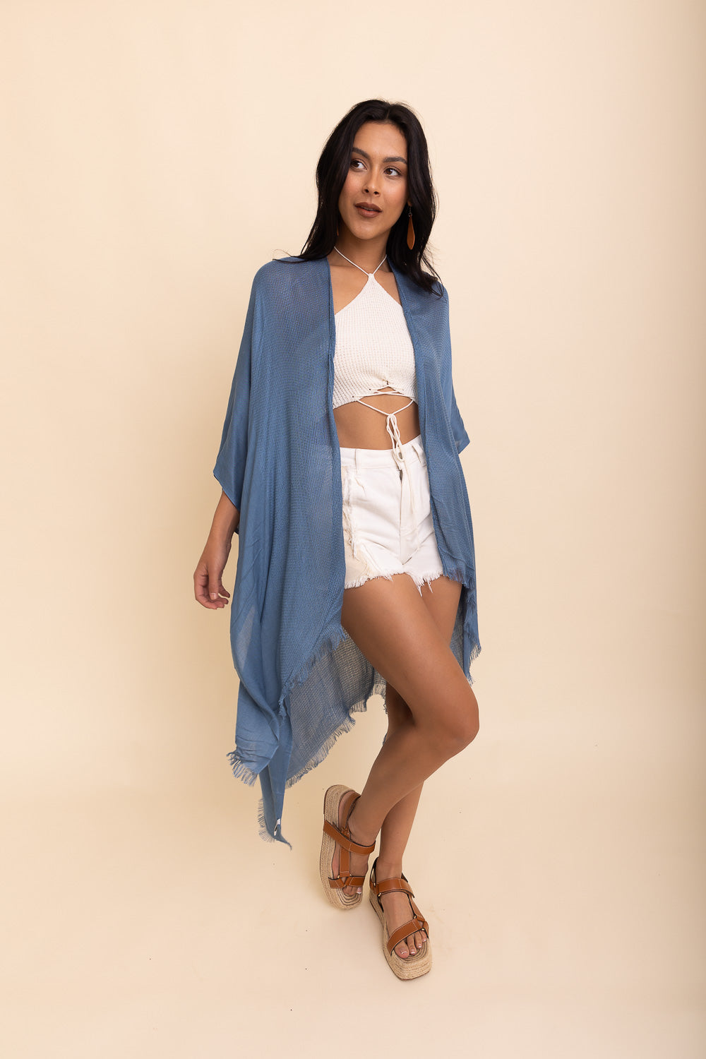 Sun-kissed Breeze Frayed Trim Kimono Kimono Leto Collection Vintage Blue  